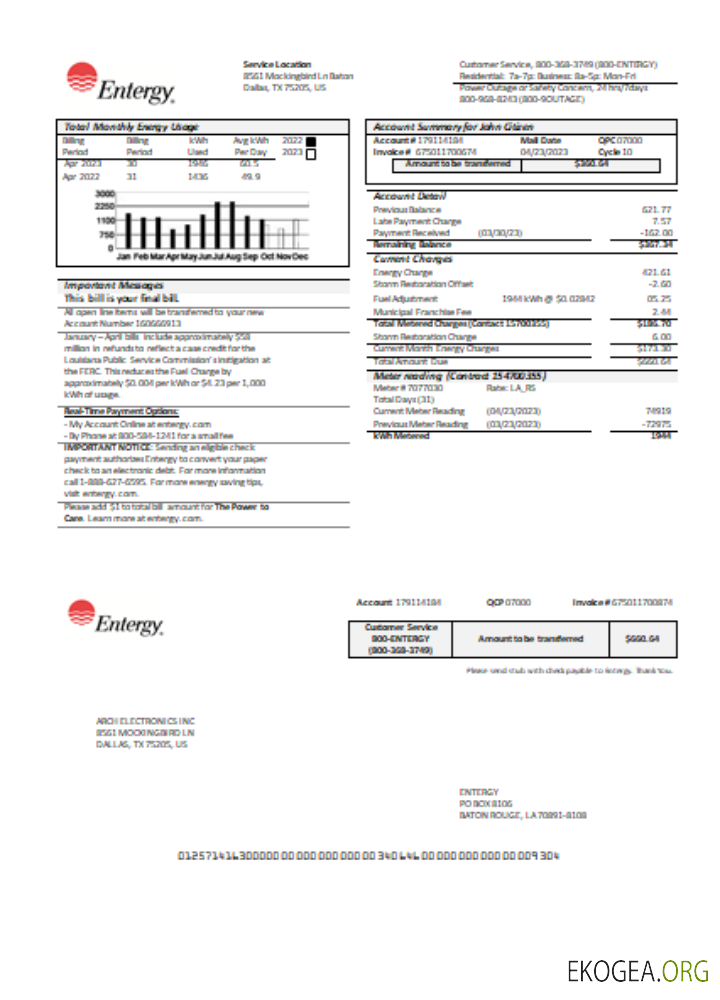 Facture d'entreprise de services publics d'Entergy, page 1, SCR